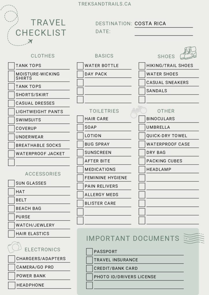 Travel Checklist Costa Rica
