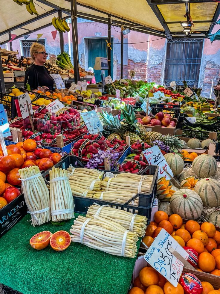 Fresh seafood stalls at Rialto Market in Venice Italy
